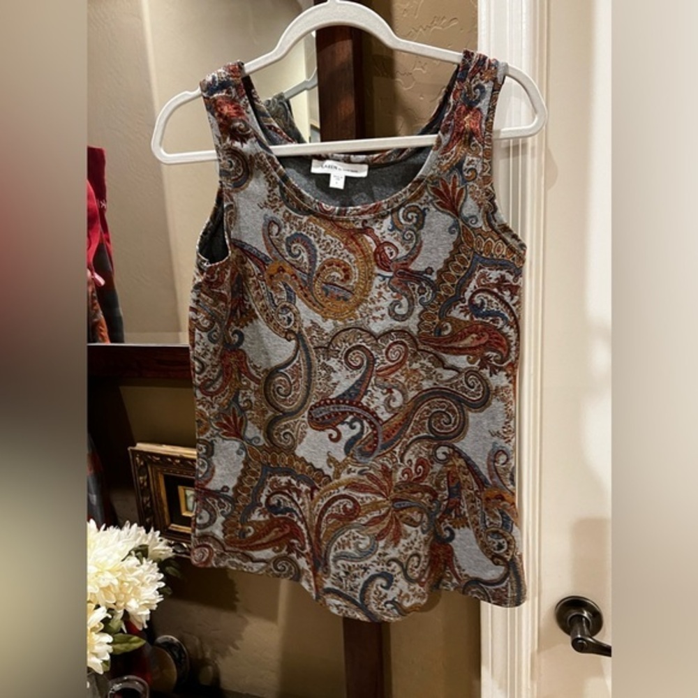 Karen Kane Paisley Top Yoga/Active Stretch Pants Gray Gold Coral Size Large